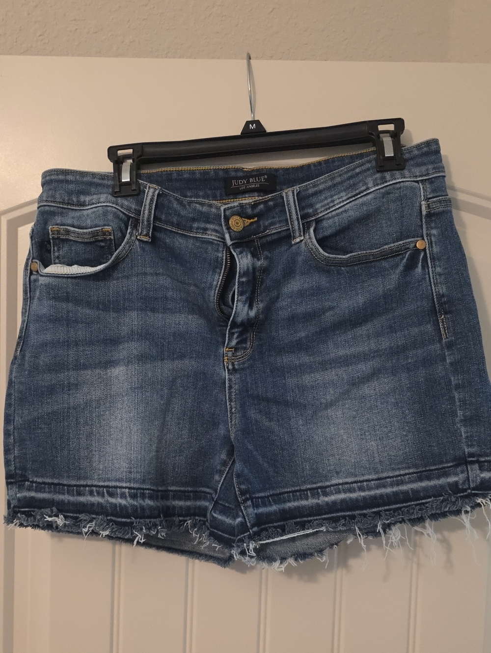 Judy Blue Mid-Rise Frayed Hem Denim Shorts - Blue Wash